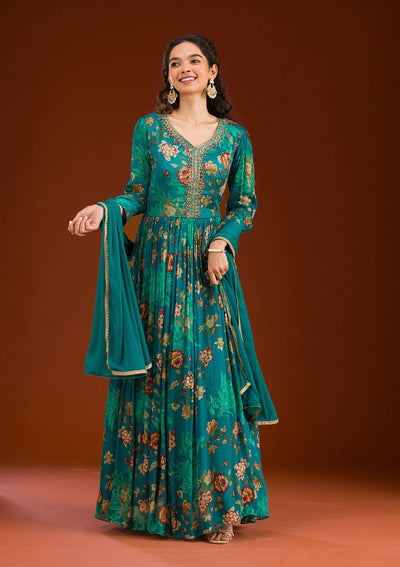 Rama Green Cutdana Semi Crepe Readymade Salwar Suit-Koskii