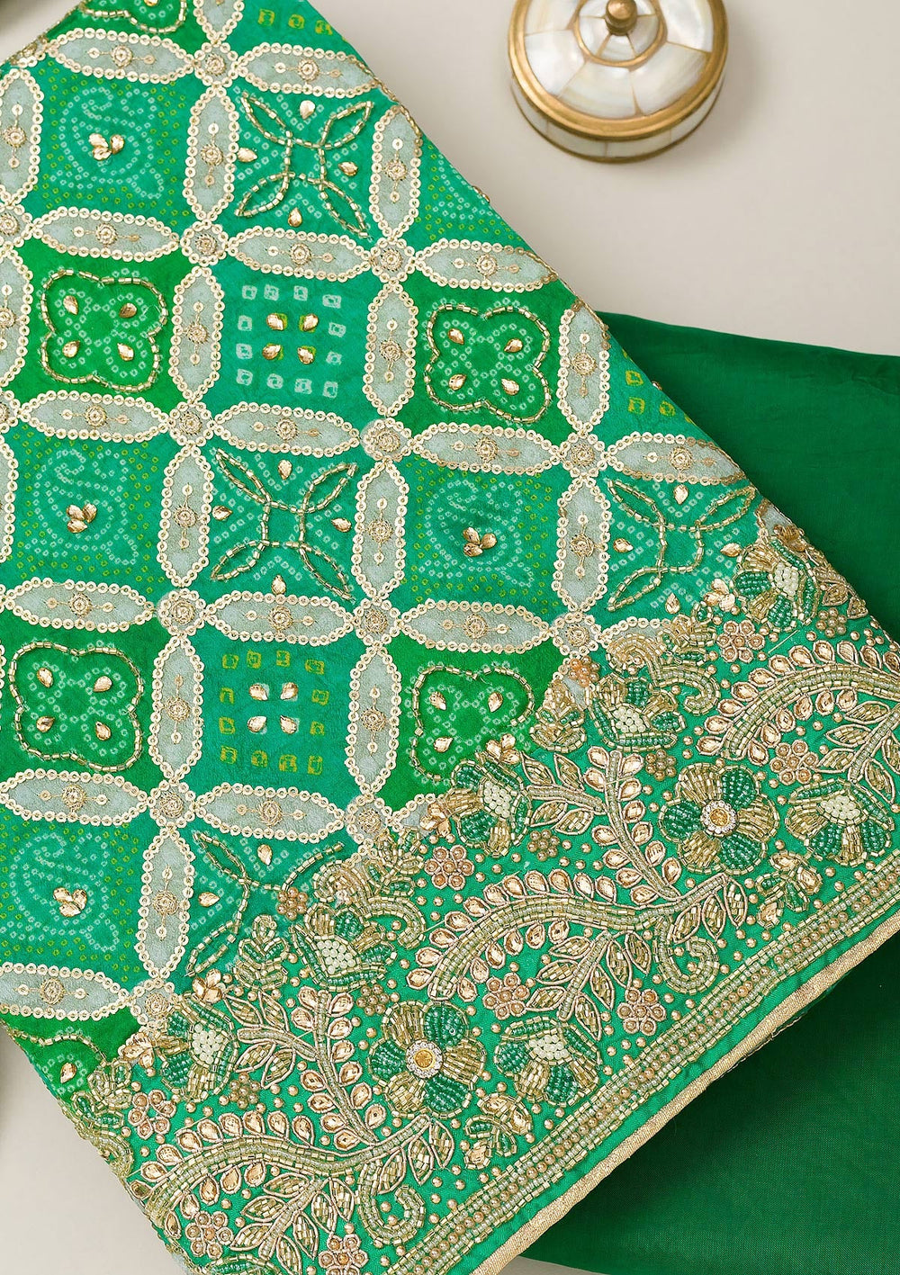 Rama Green Cutdana Semi Crepe Unstitched Salwar Suit-Koskii