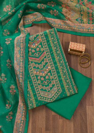 Rama Green Printed Chanderi Unstitched Salwar Suit-Koskii