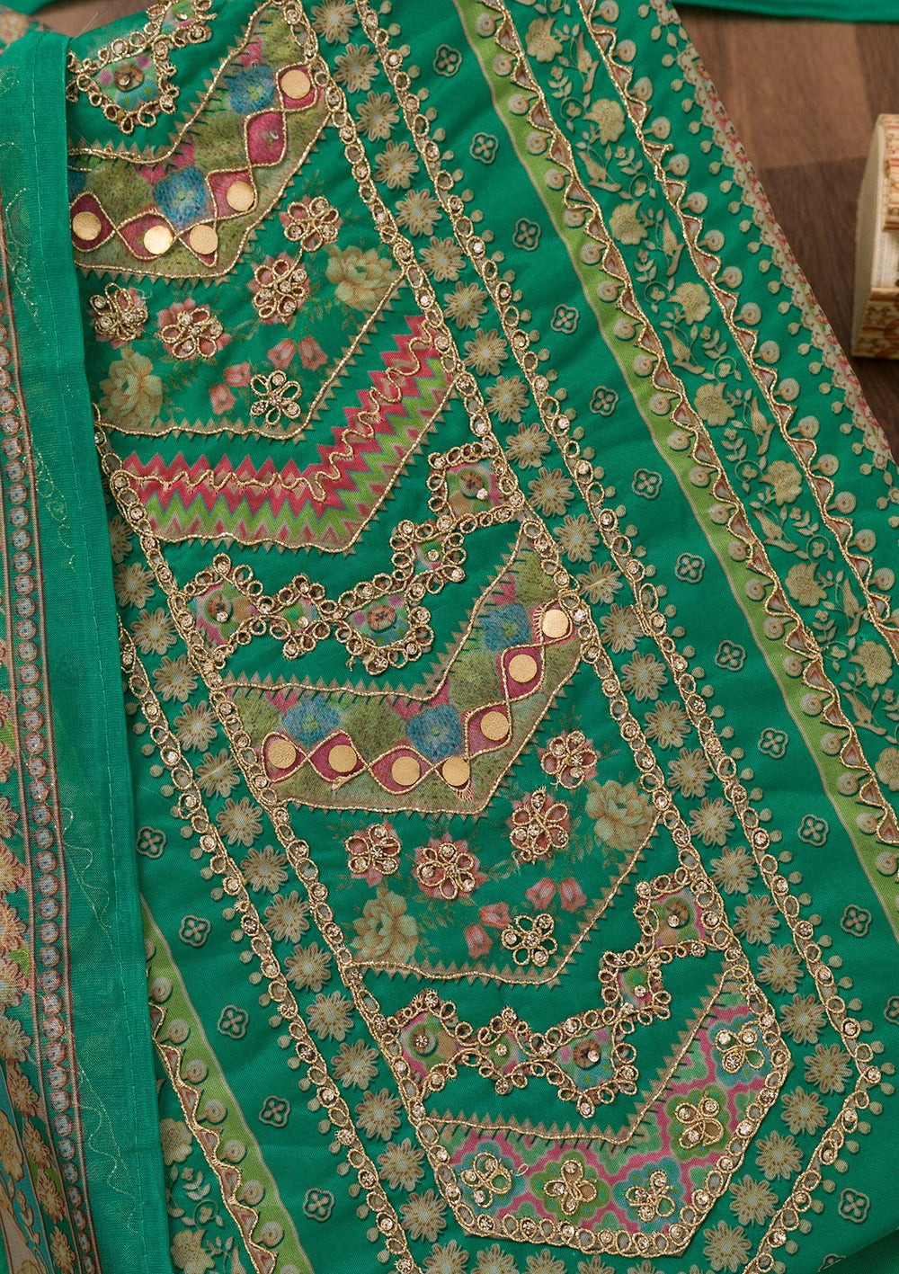 Rama Green Printed Chanderi Unstitched Salwar Suit-Koskii