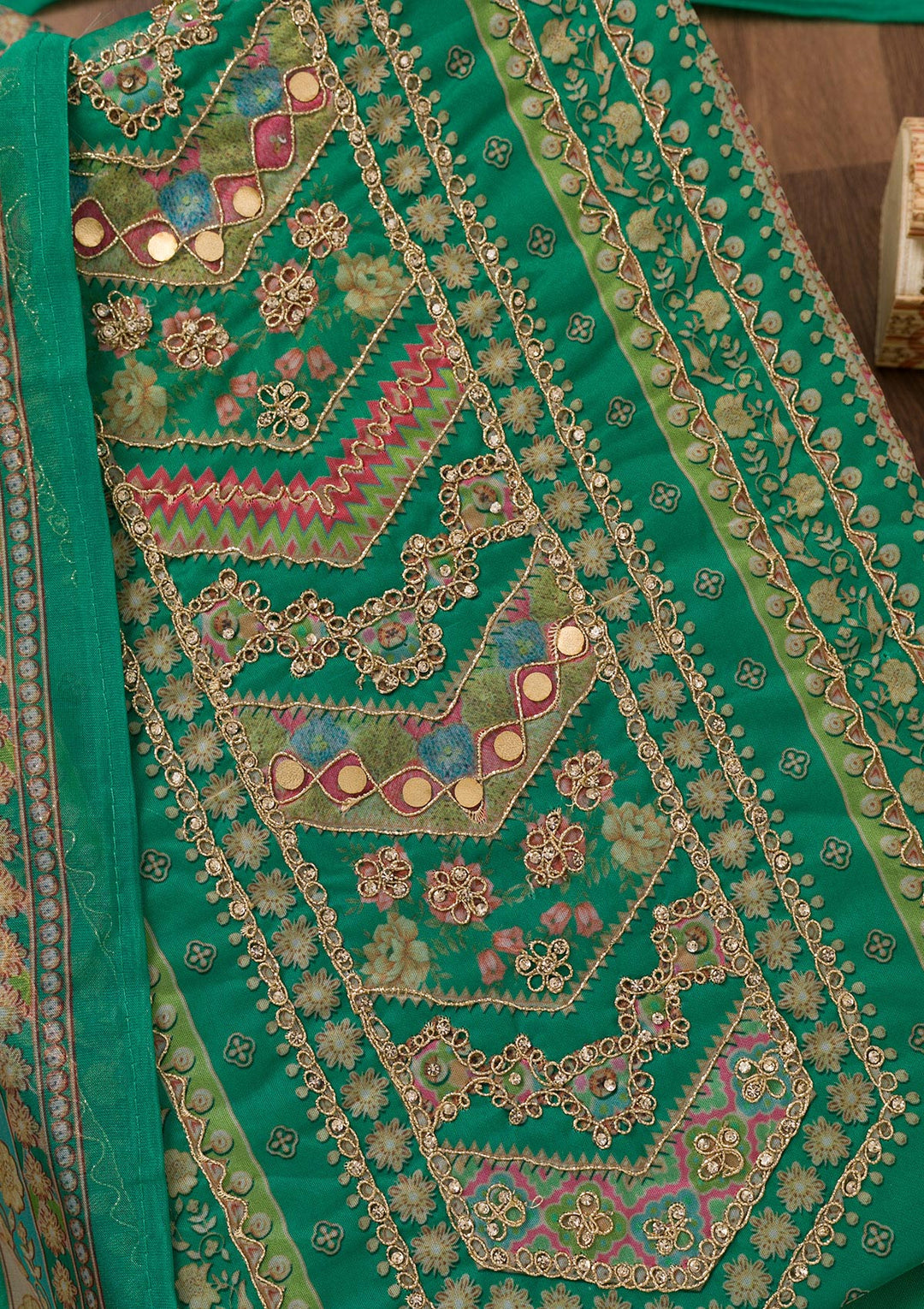Rama Green Printed Chanderi Unstitched Salwar Suit-Koskii