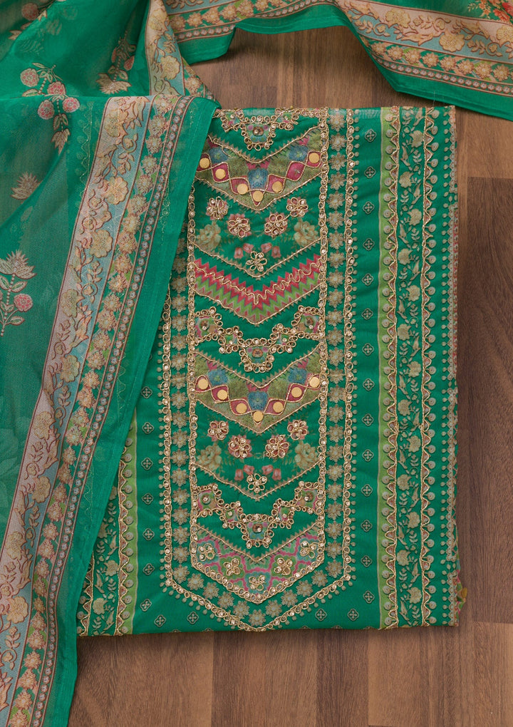Rama Green Printed Chanderi Unstitched Salwar Suit-Koskii