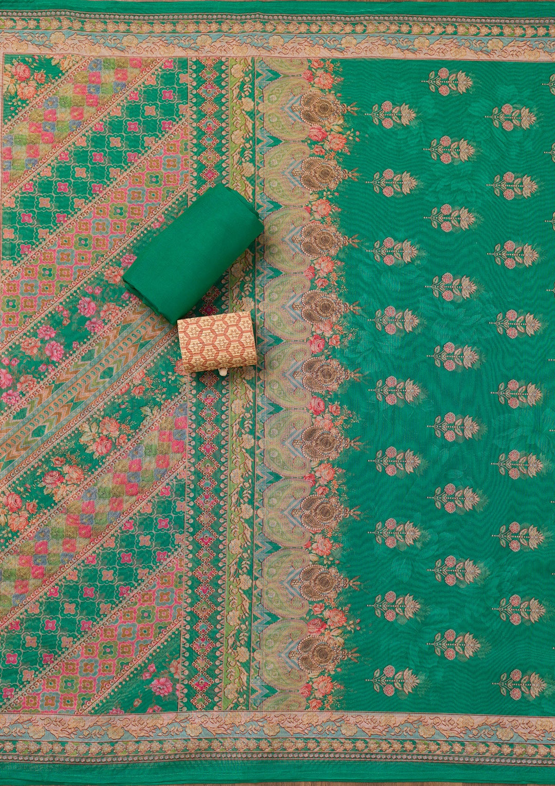 Rama Green Printed Chanderi Unstitched Salwar Suit-Koskii