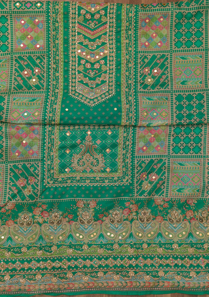 Rama Green Printed Chanderi Unstitched Salwar Suit-Koskii