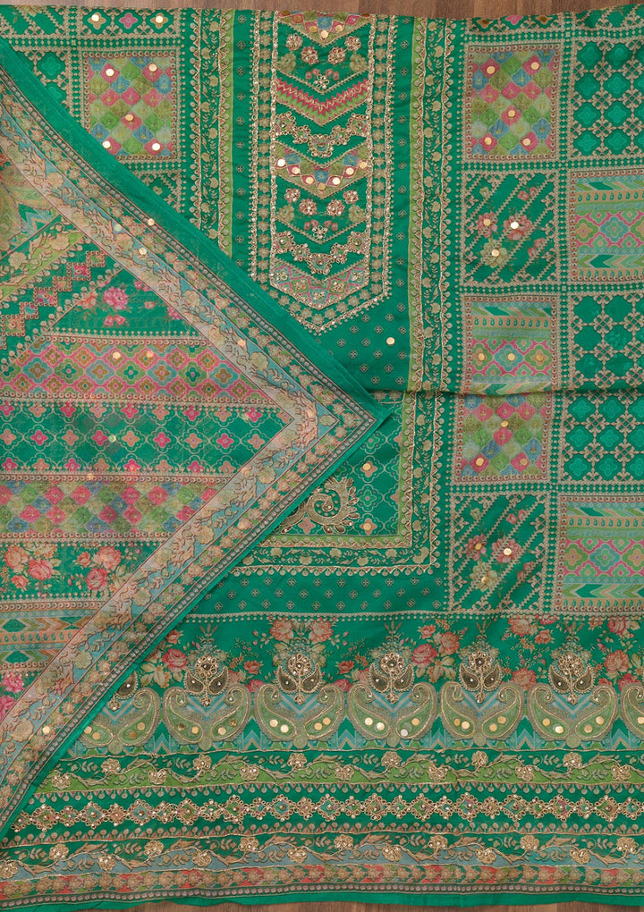 Rama Green Printed Chanderi Unstitched Salwar Suit-Koskii
