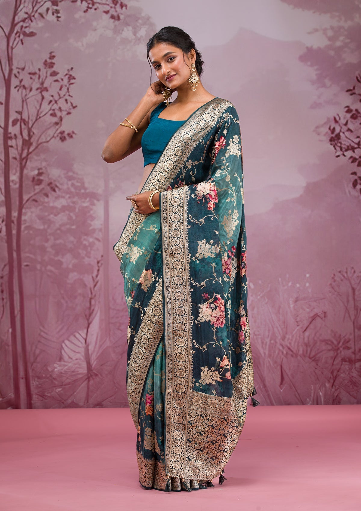 Rama Green Printed Georgette Saree-Koskii