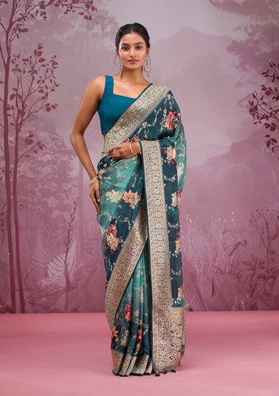 Rama Green Printed Georgette Saree-Koskii