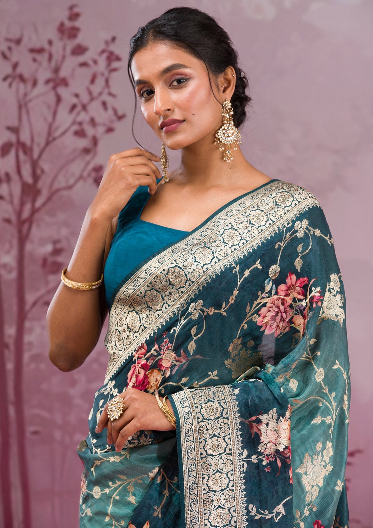 Rama Green Printed Georgette Saree-Koskii