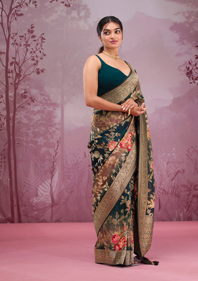 Rama Green Printed Georgette Saree-Koskii