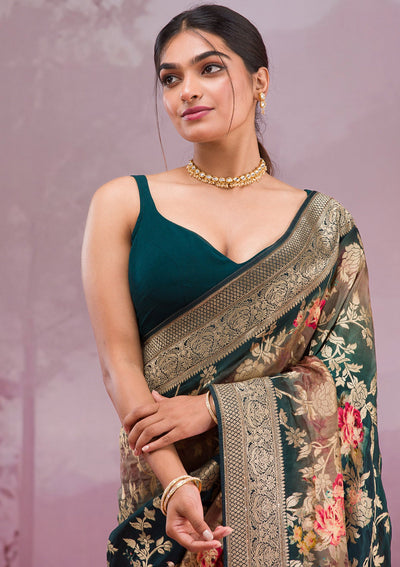 Rama Green Printed Georgette Saree-Koskii