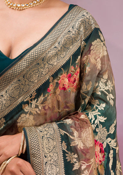 Rama Green Printed Georgette Saree-Koskii