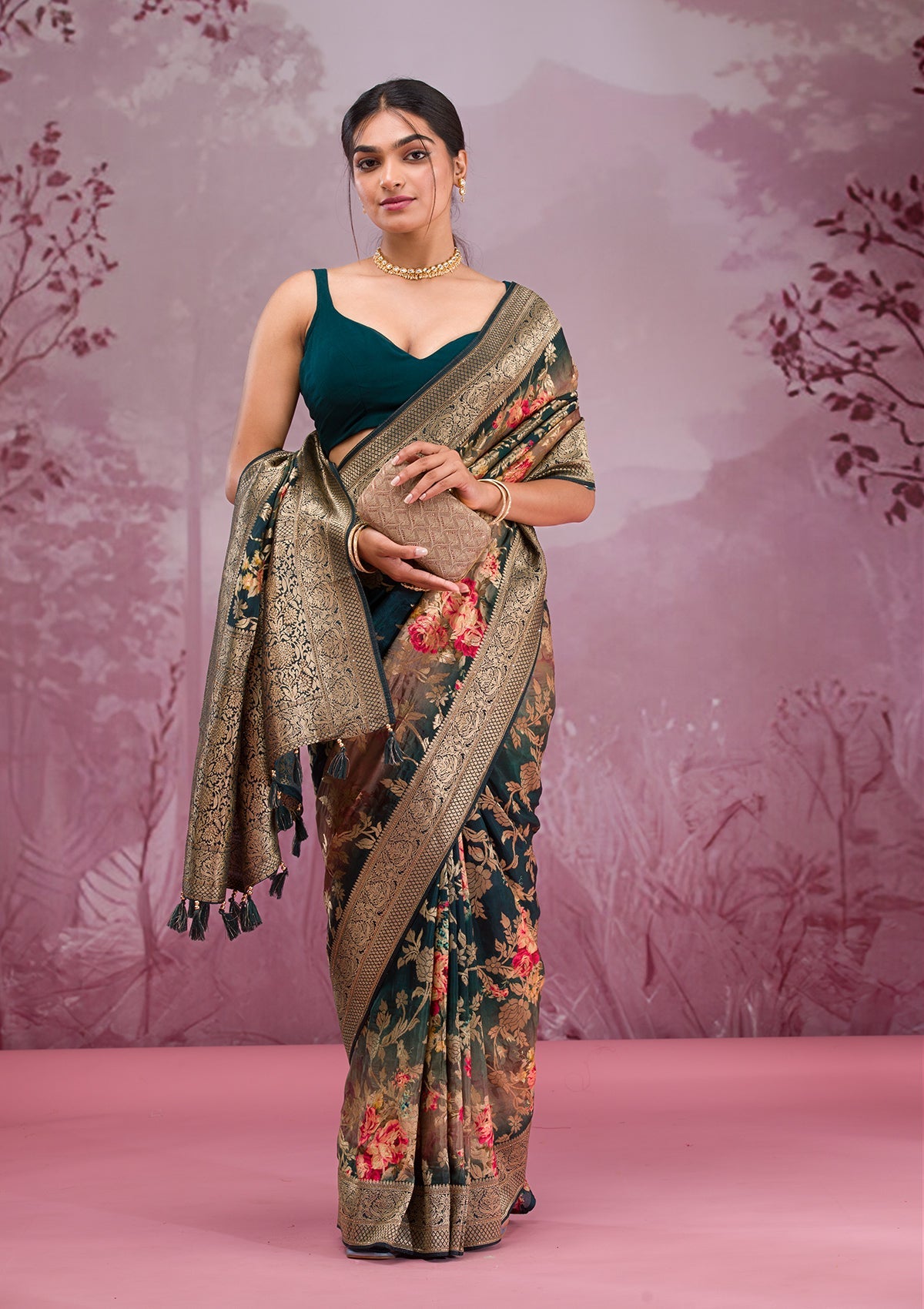 Rama Green Printed Georgette Saree-Koskii