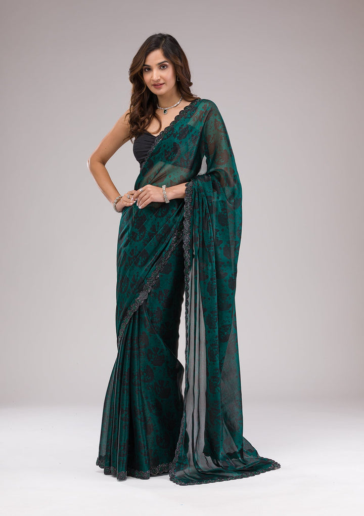 Rama Green Printed Organza Saree-Koskii