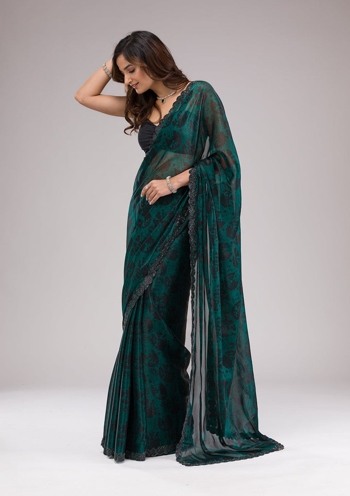Rama Green Printed Organza Saree-Koskii