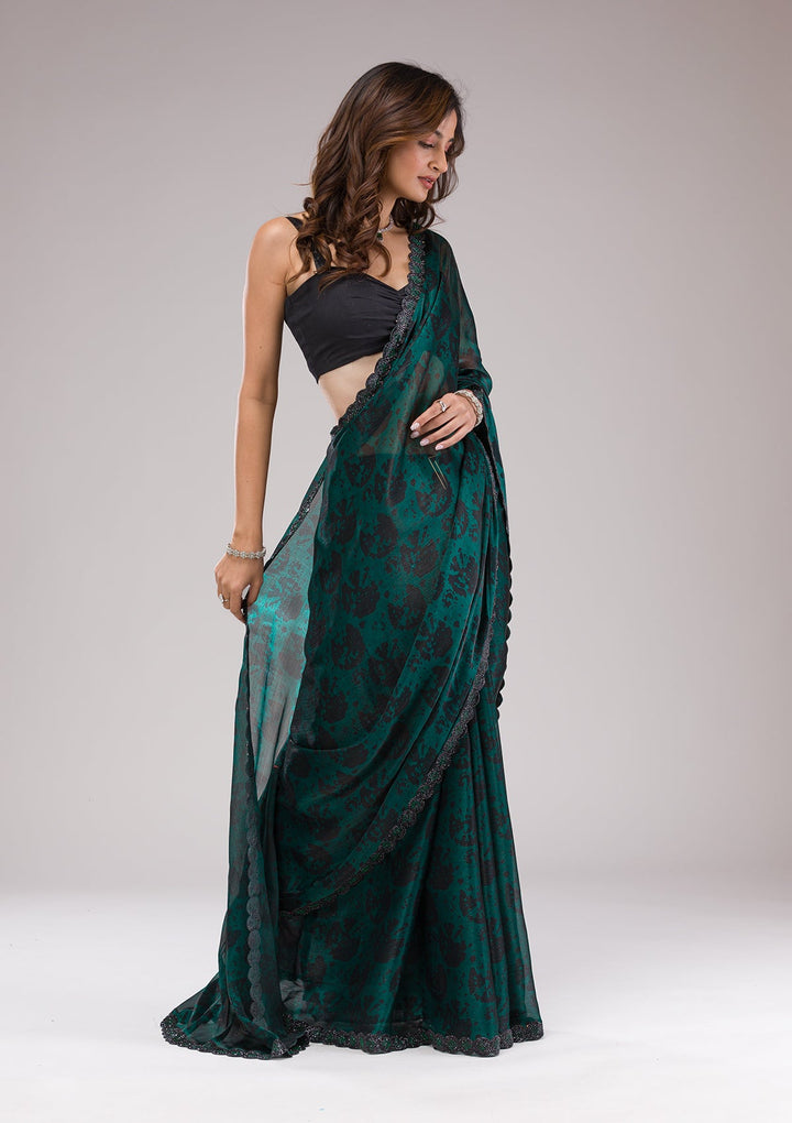Rama Green Printed Organza Saree-Koskii