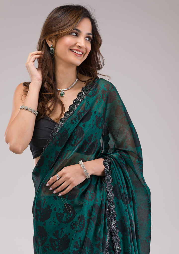 Rama Green Printed Organza Saree-Koskii