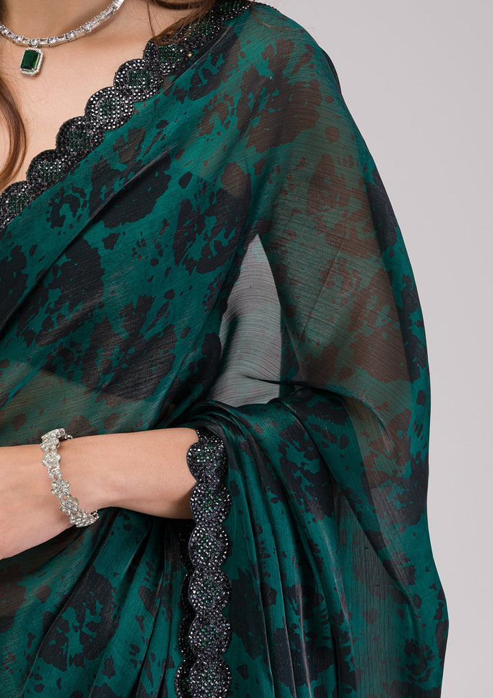 Rama Green Printed Organza Saree-Koskii