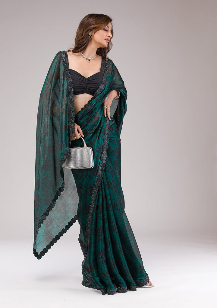 Rama Green Printed Organza Saree-Koskii