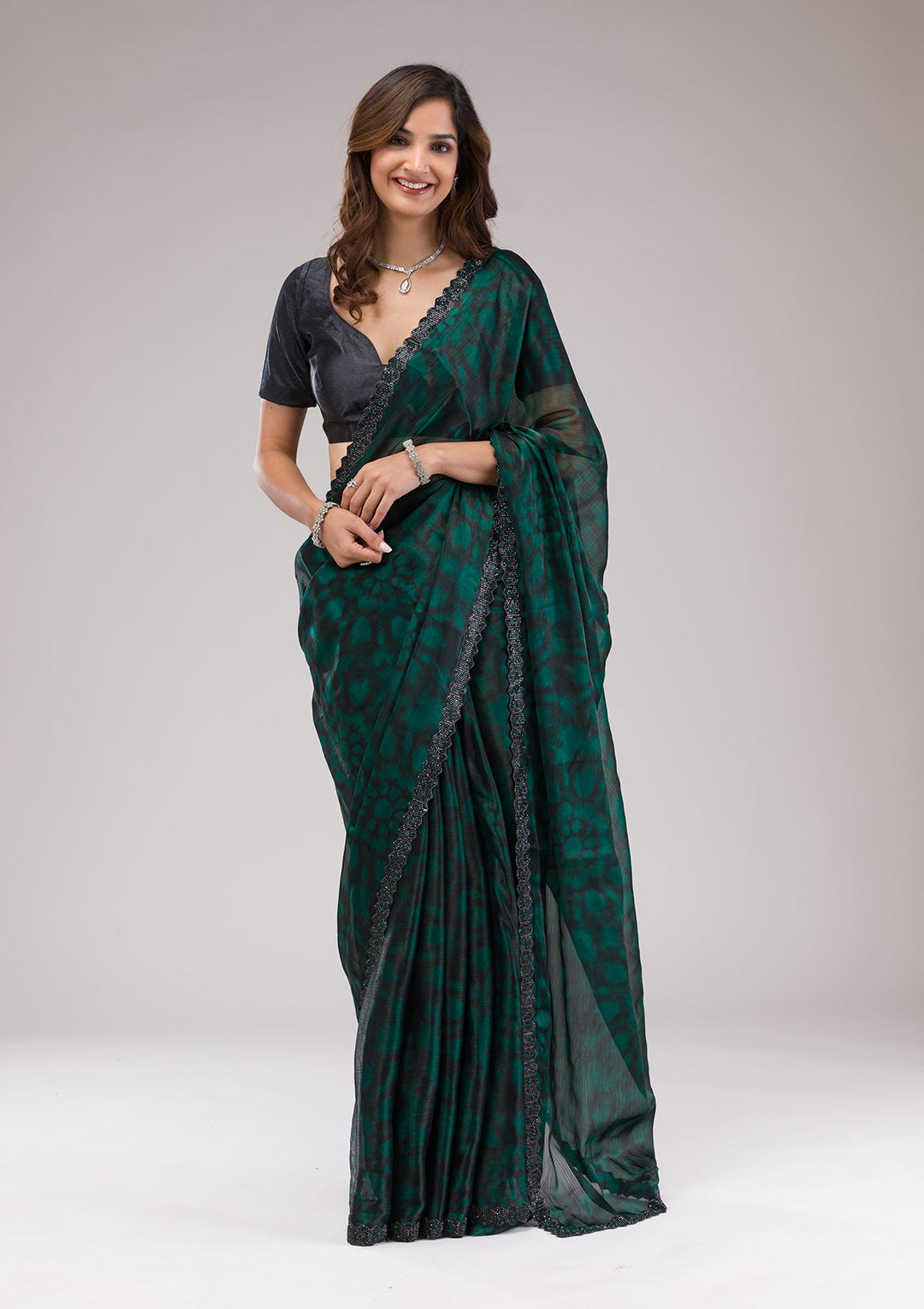 Rama Green Printed Organza Saree-Koskii