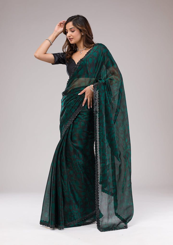 Rama Green Printed Organza Saree-Koskii