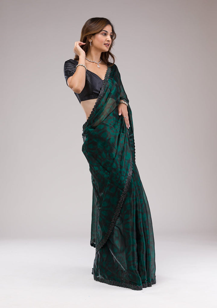 Rama Green Printed Organza Saree-Koskii