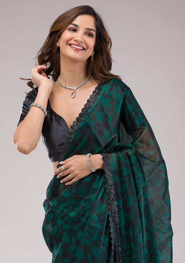 Rama Green Printed Organza Saree-Koskii