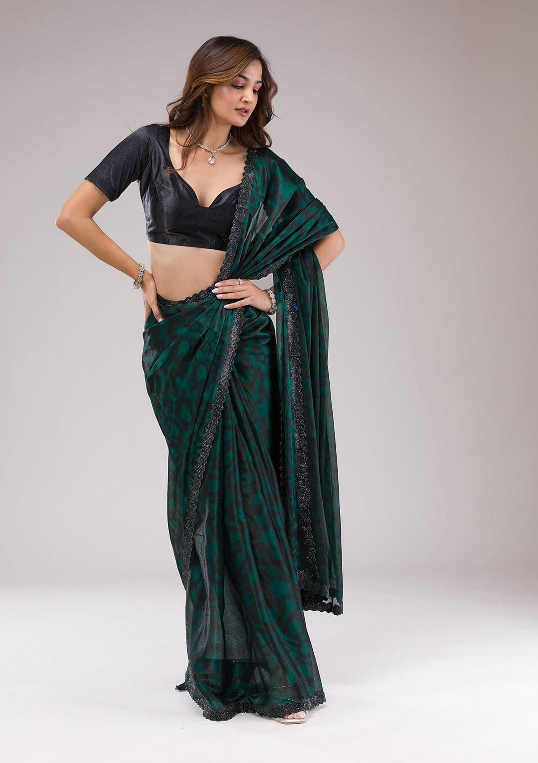 Rama Green Printed Organza Saree-Koskii