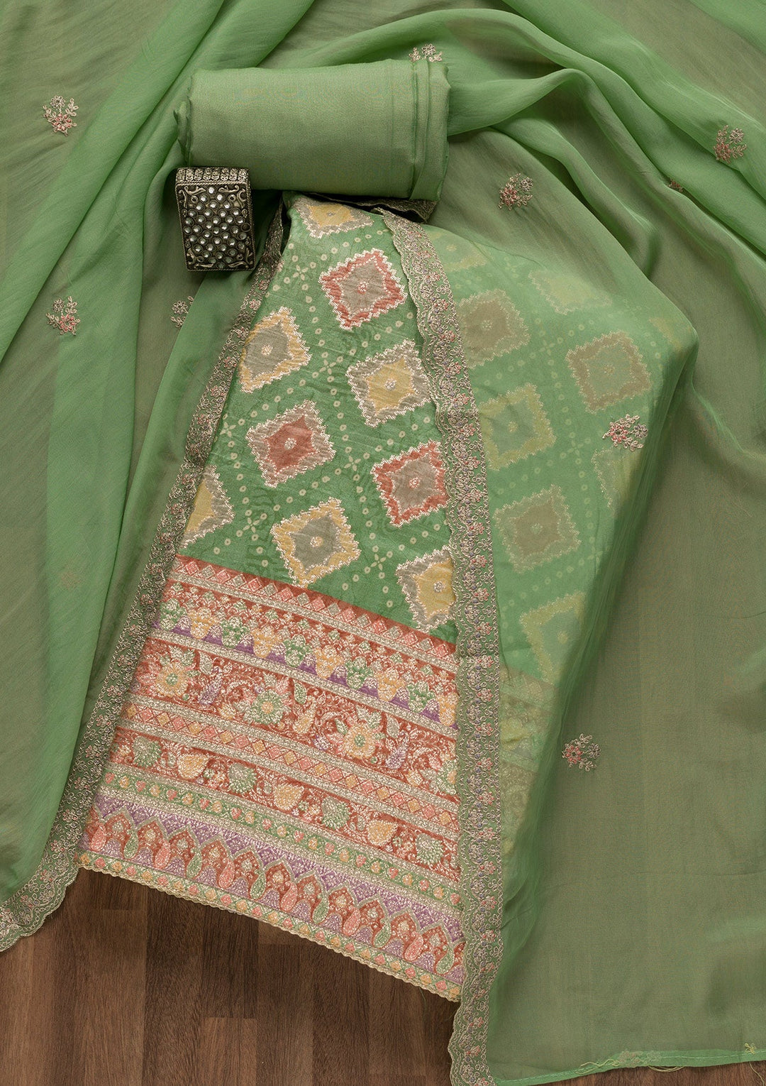 Rama Green Printed Semi Crepe Unstitched Salwar Suit-Koskii