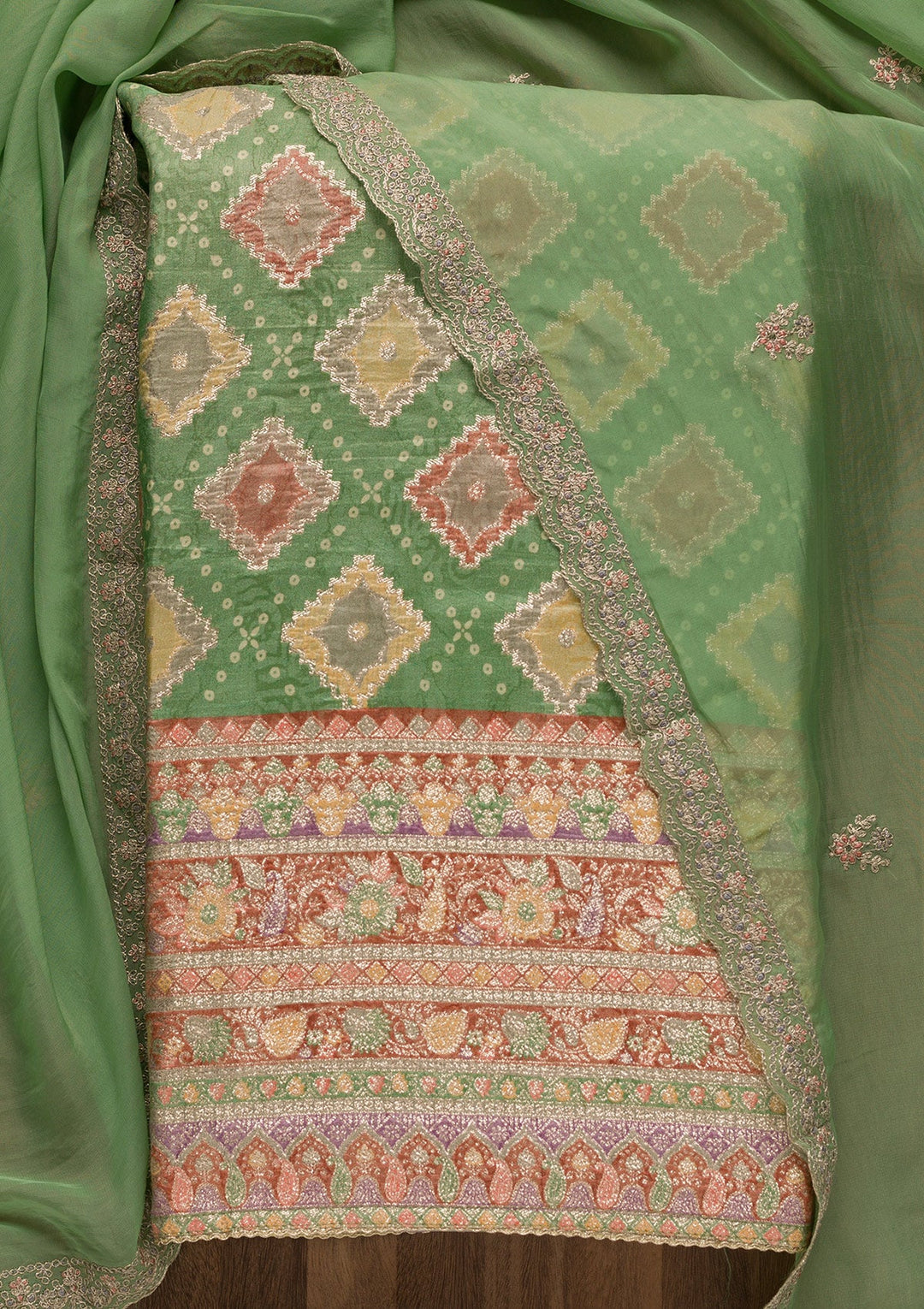 Rama Green Printed Semi Crepe Unstitched Salwar Suit-Koskii