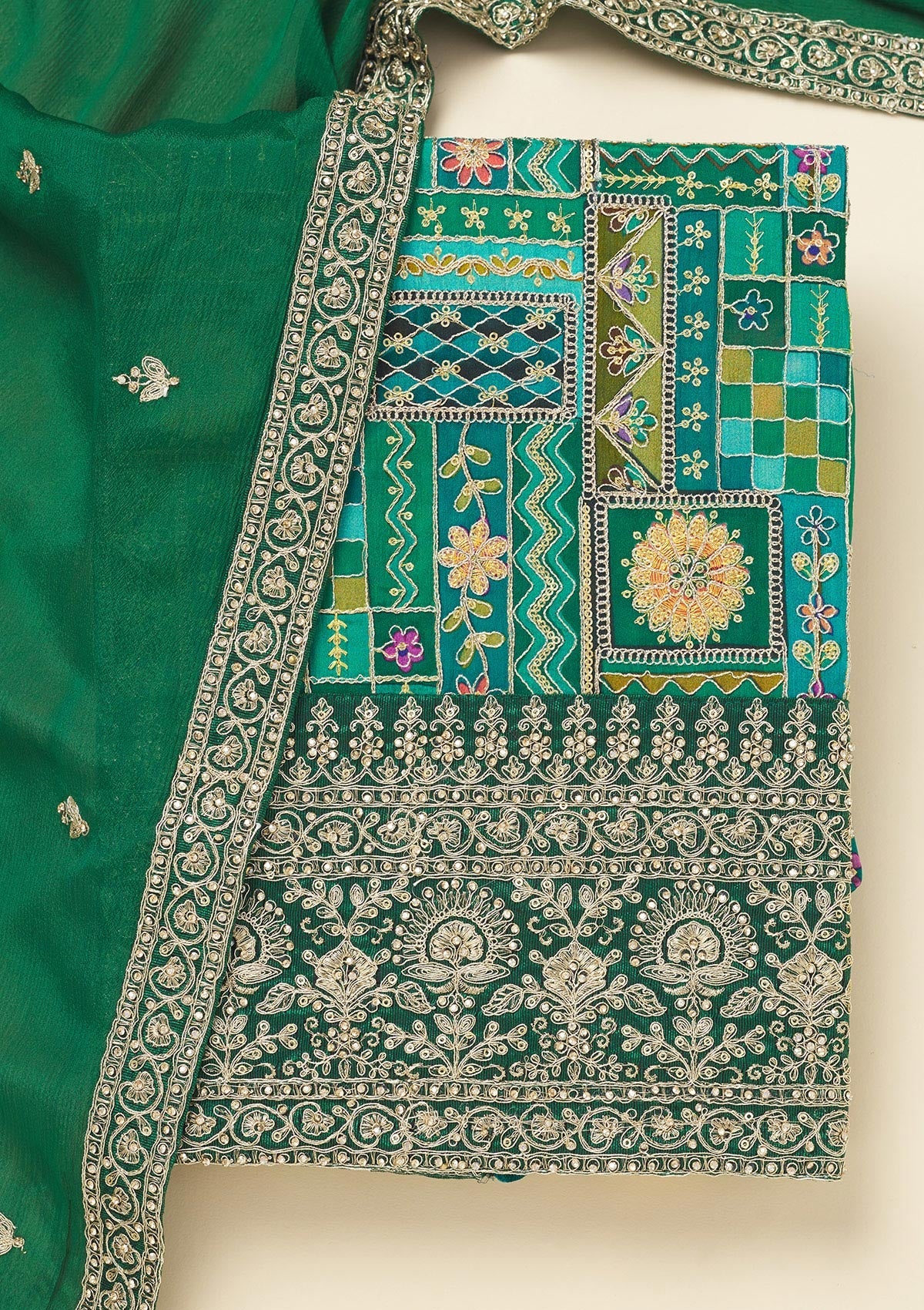 Rama Green Printed Semi Crepe Unstitched Salwar Suit-Koskii