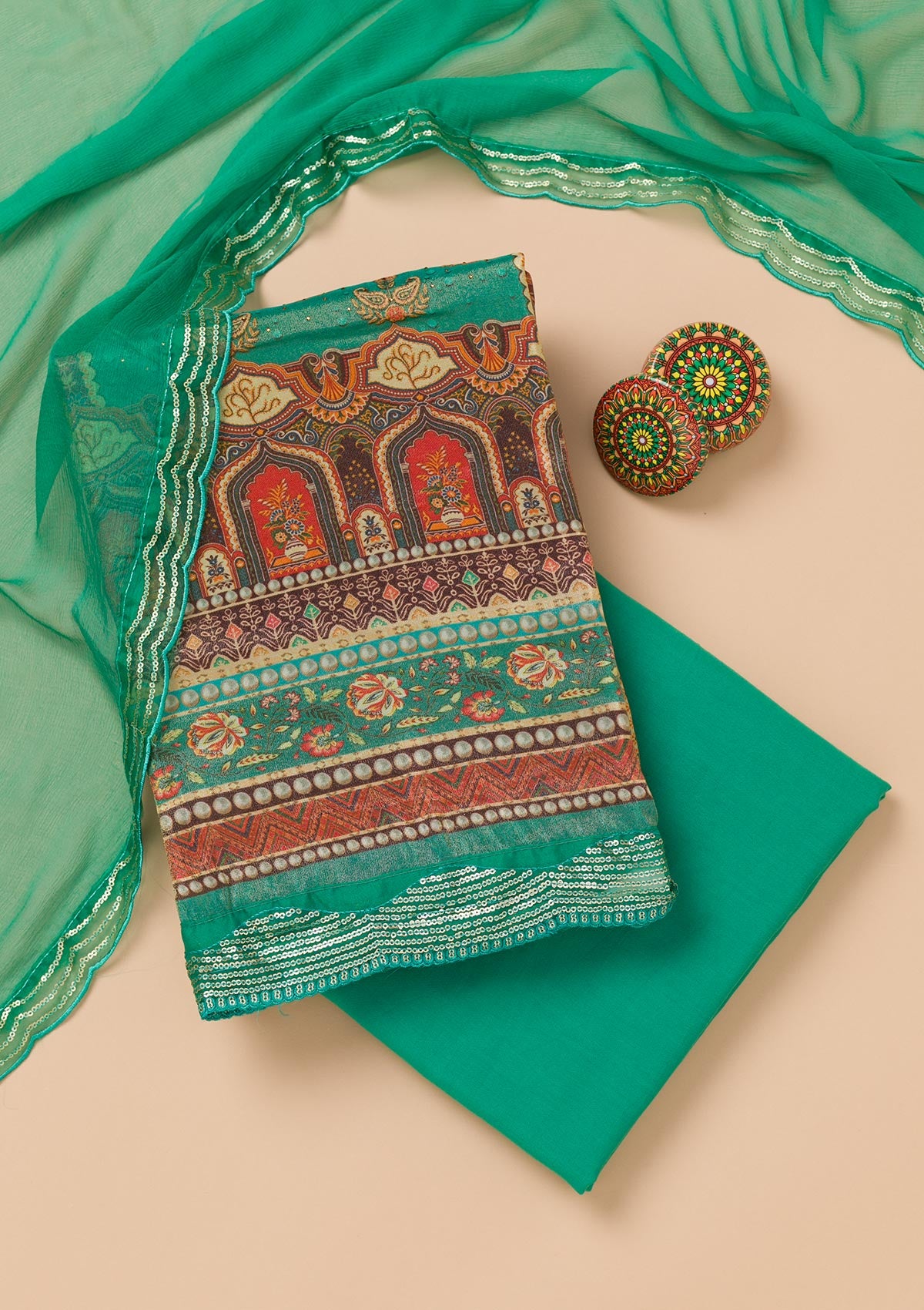 Rama Green Printed Tissue Unstitched Salwar Suit