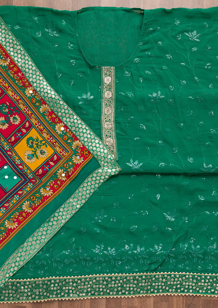 Rama Green Sequins Tissue Unstitched Salwar Suit-Koskii