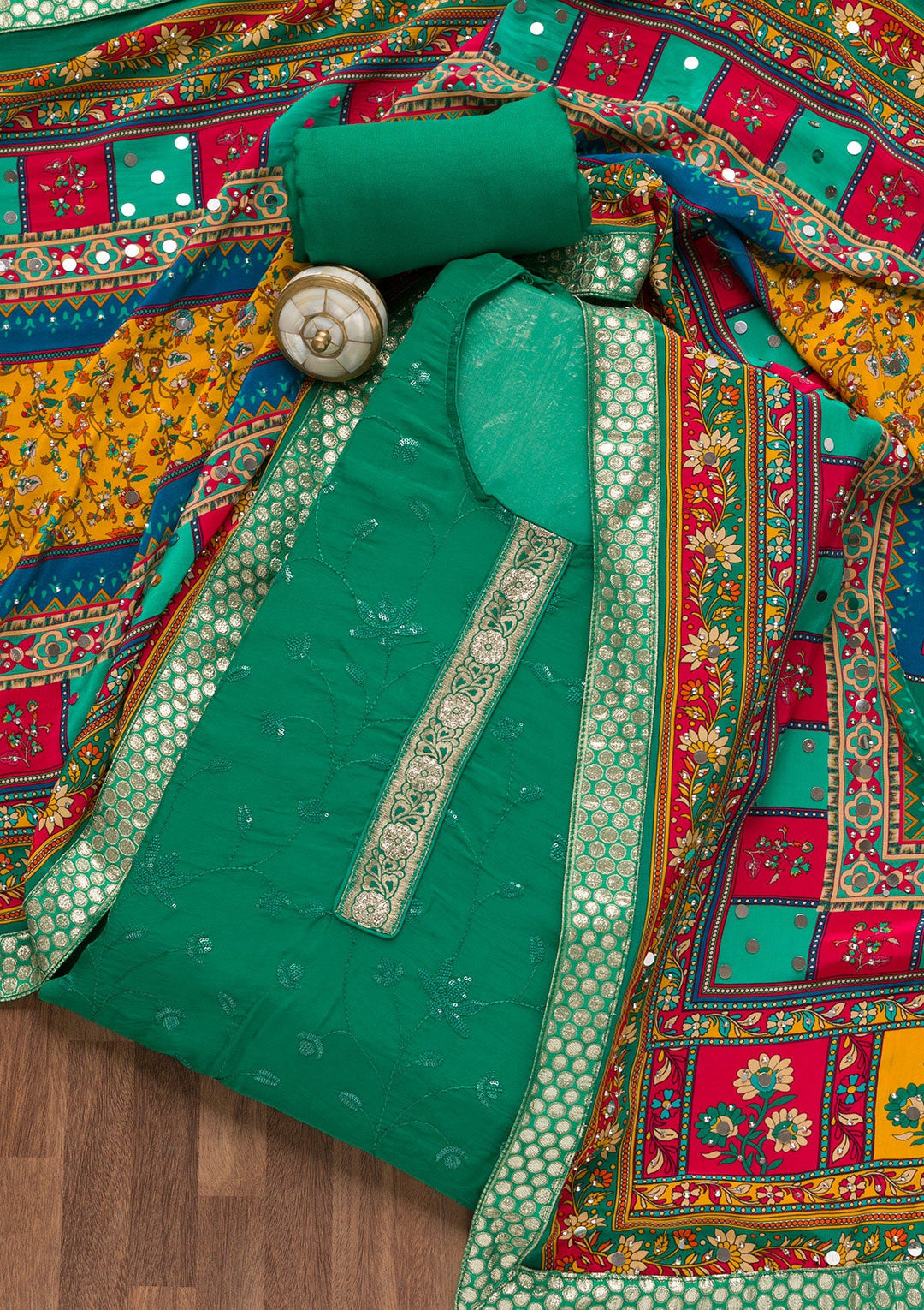 Rama Green Sequins Tissue Unstitched Salwar Suit-Koskii