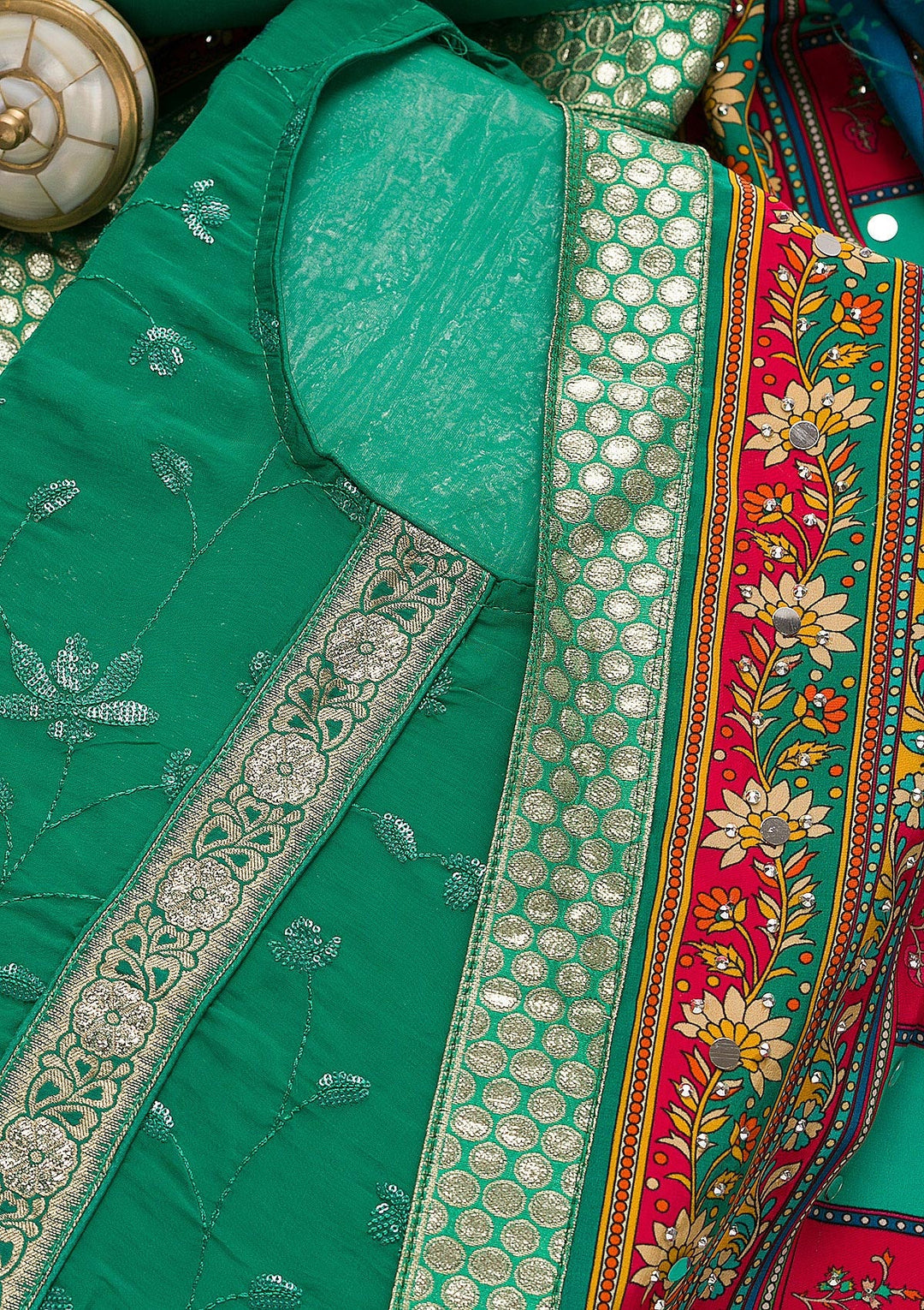 Rama Green Sequins Tissue Unstitched Salwar Suit-Koskii
