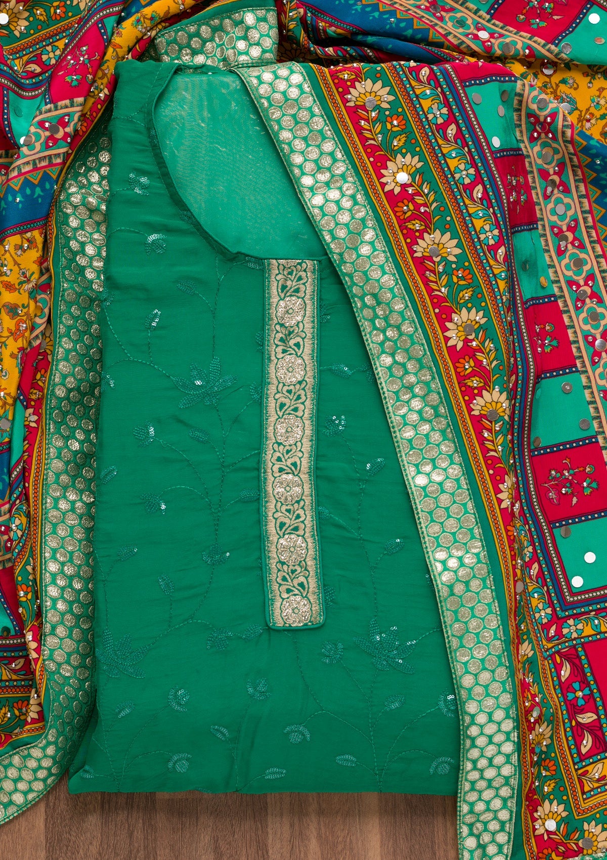 Rama Green Sequins Tissue Unstitched Salwar Suit-Koskii