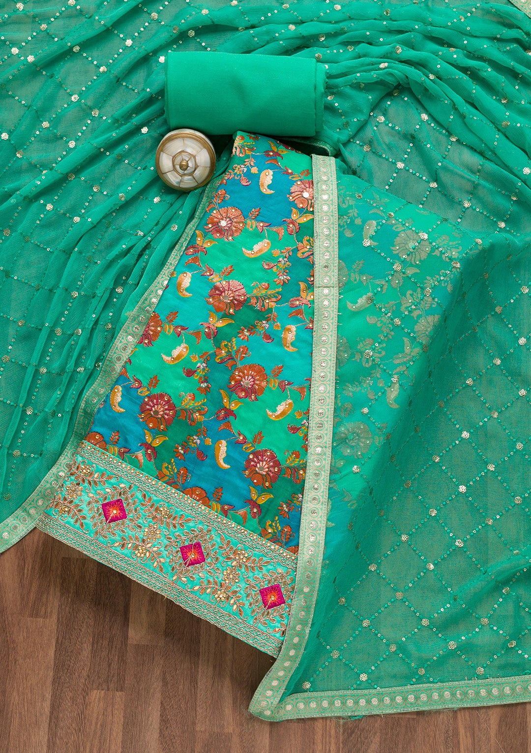 Rama Green Stonework Banarasi Silk Unstitched Salwar Suit-Koskii