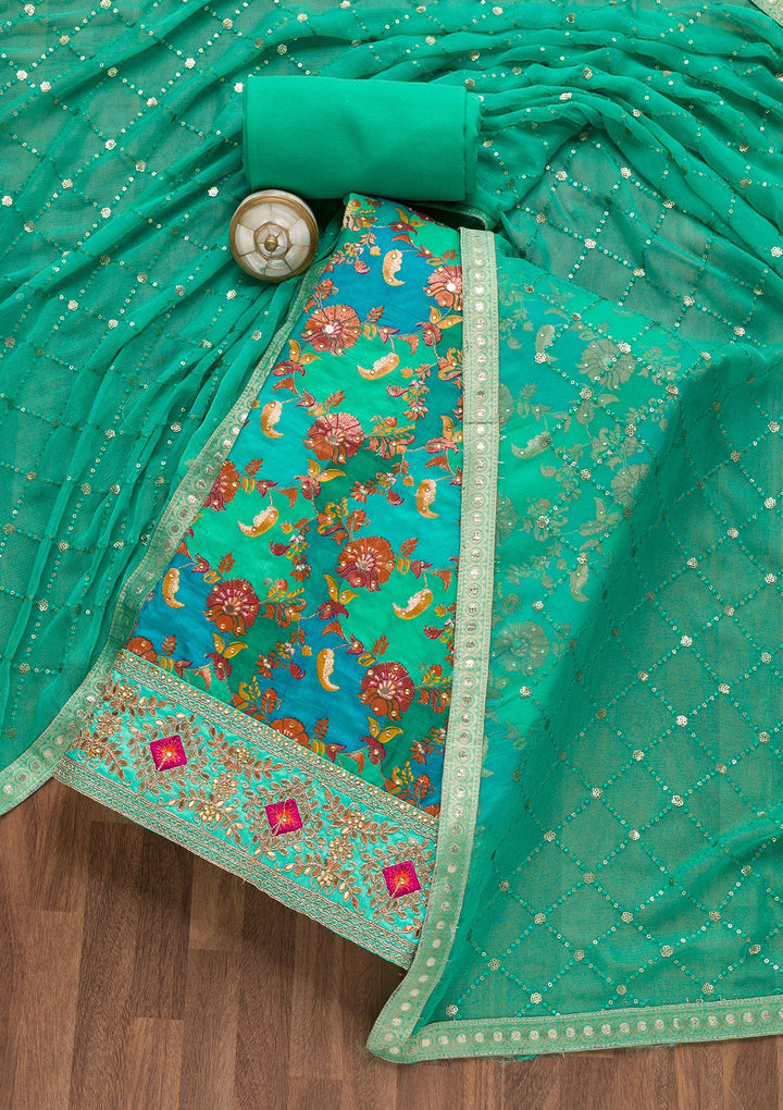 Rama Green Stonework Banarasi Silk Unstitched Salwar Suit-Koskii