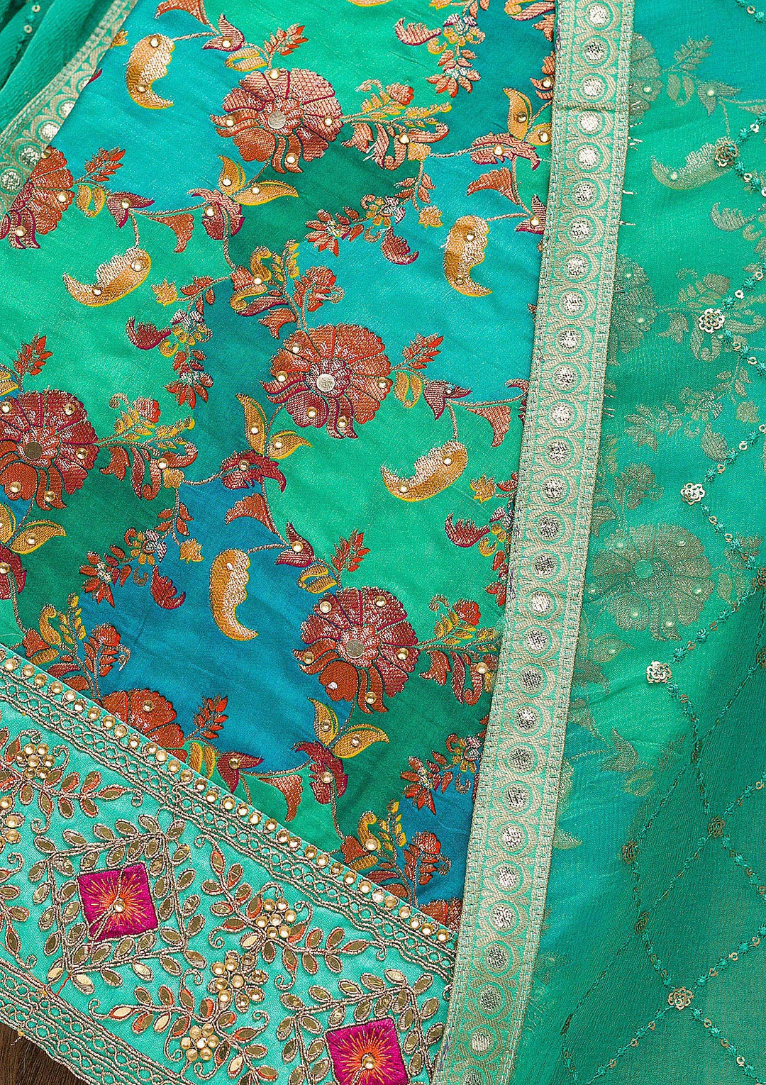 Rama Green Stonework Banarasi Silk Unstitched Salwar Suit-Koskii