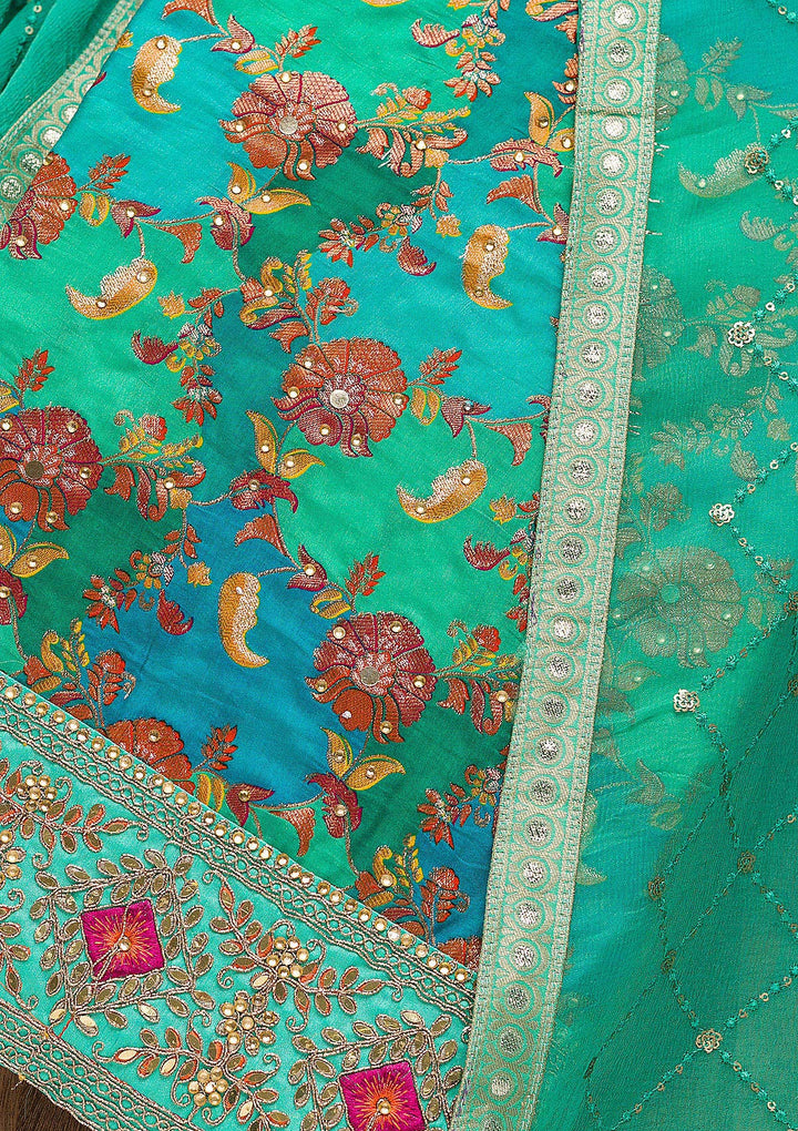 Rama Green Stonework Banarasi Silk Unstitched Salwar Suit-Koskii