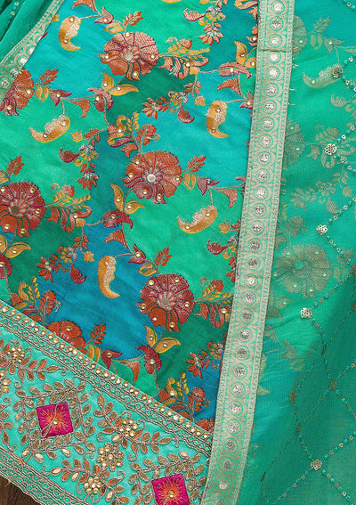 Rama Green Stonework Banarasi Silk Unstitched Salwar Suit-Koskii
