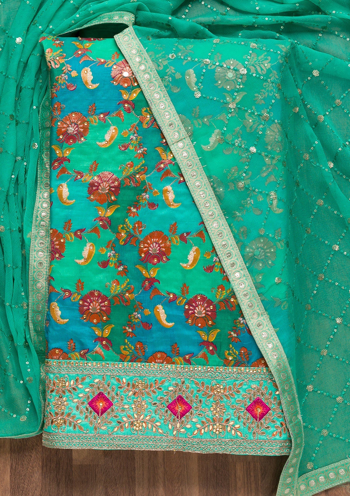 Rama Green Stonework Banarasi Silk Unstitched Salwar Suit-Koskii