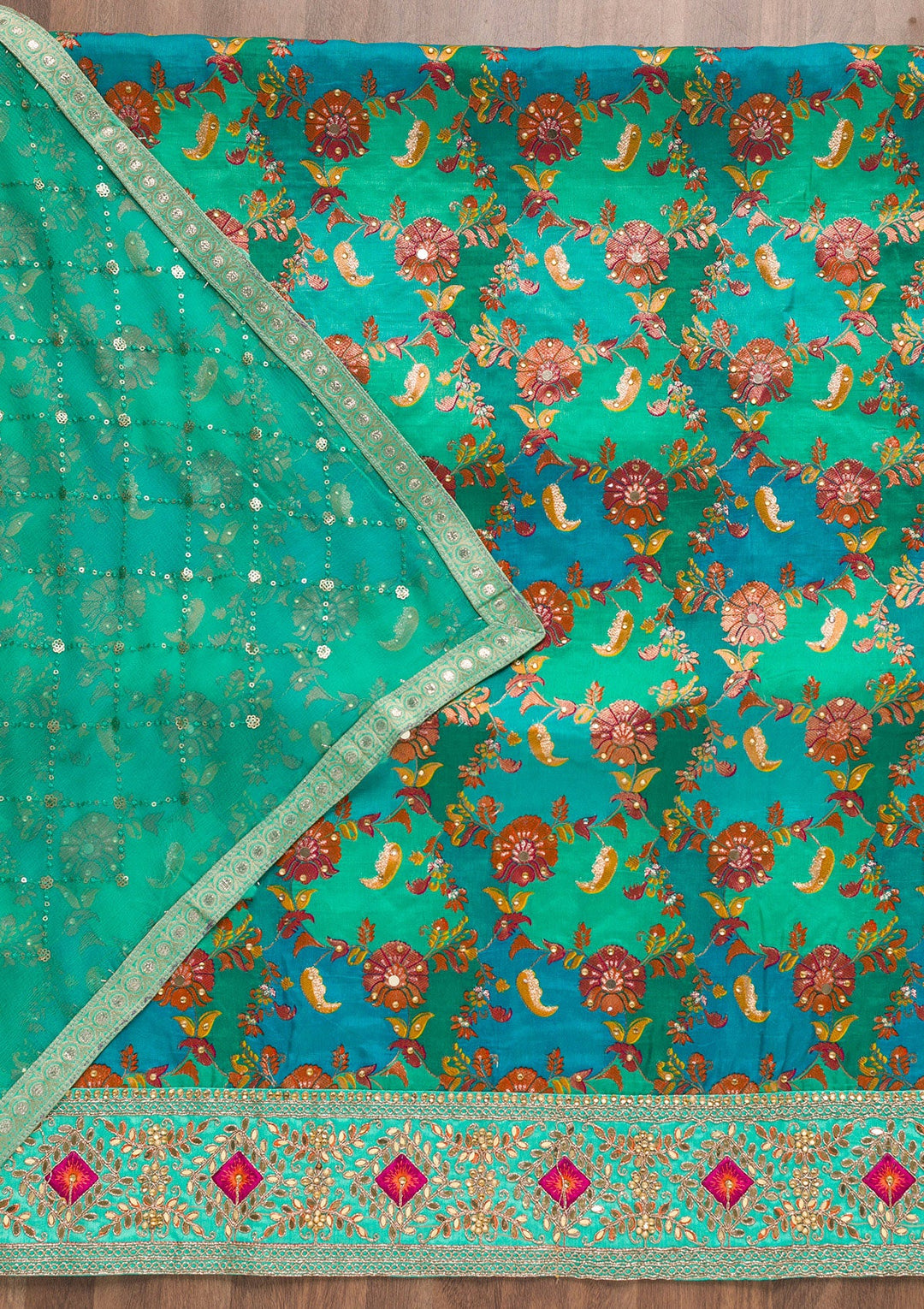 Rama Green Stonework Banarasi Silk Unstitched Salwar Suit-Koskii