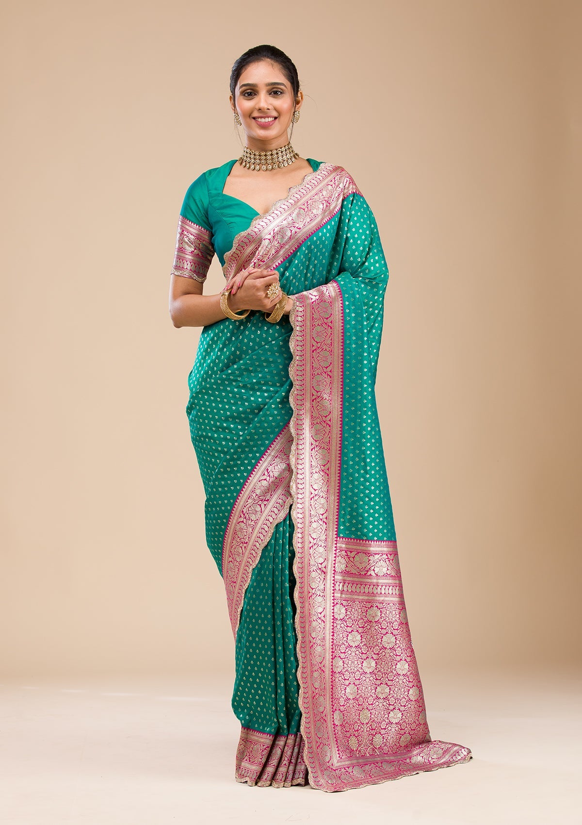 Rama Green Stonework Soft Silk Saree