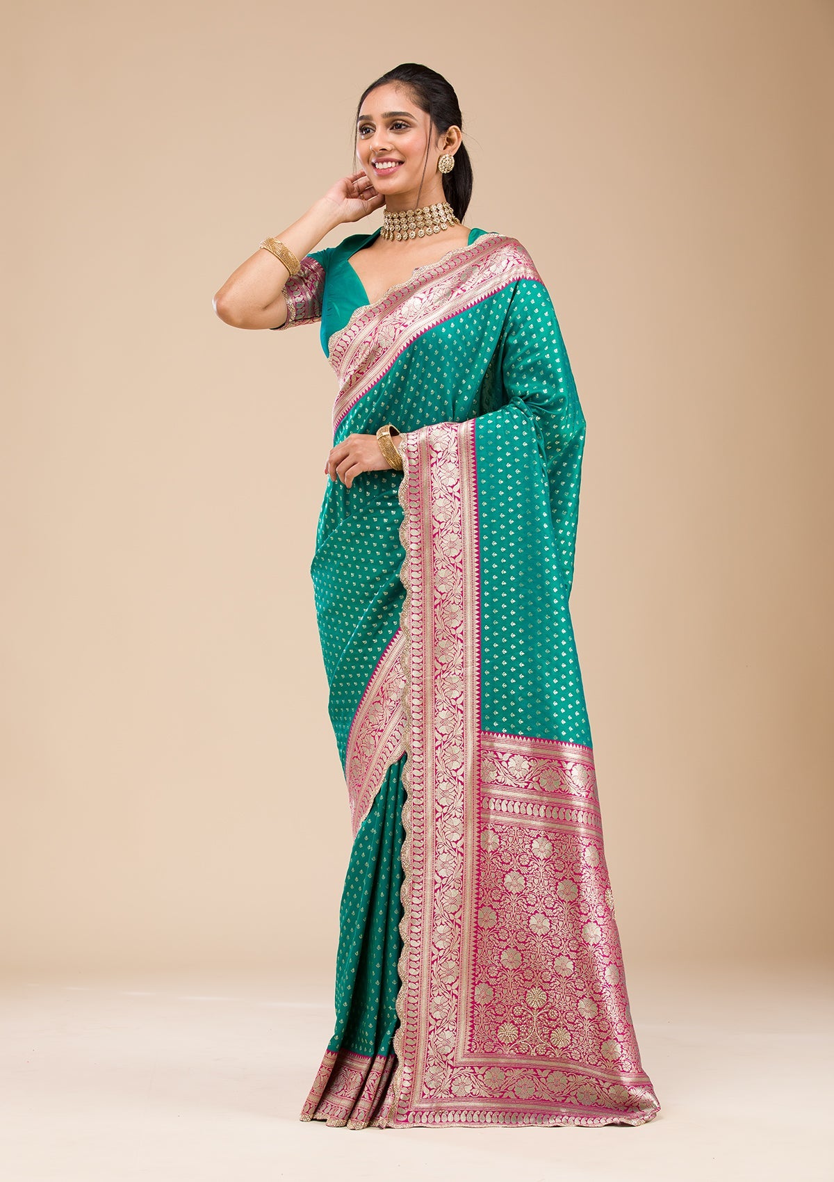 Rama Green Stonework Soft Silk Saree