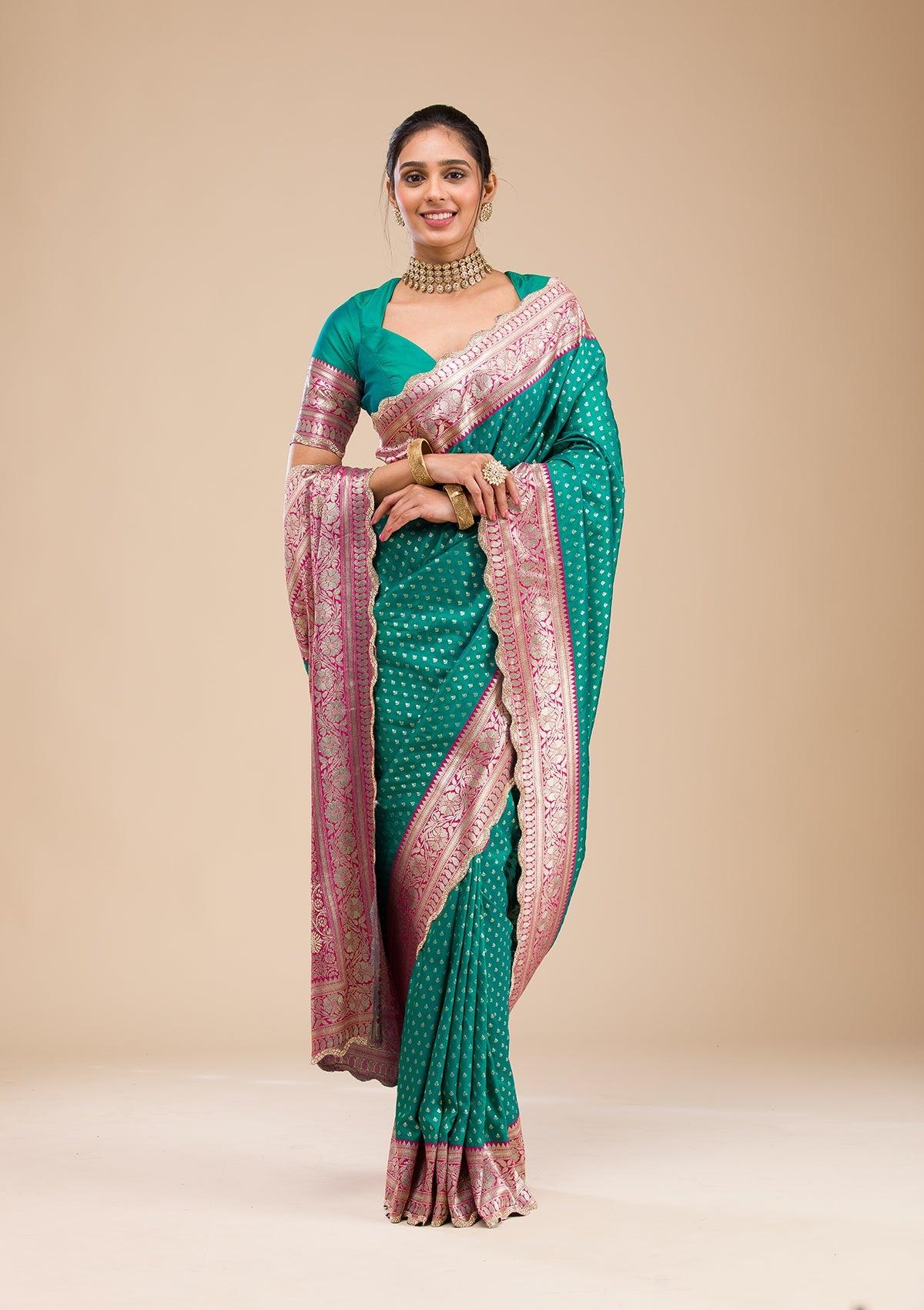 Rama Green Stonework Soft Silk Saree