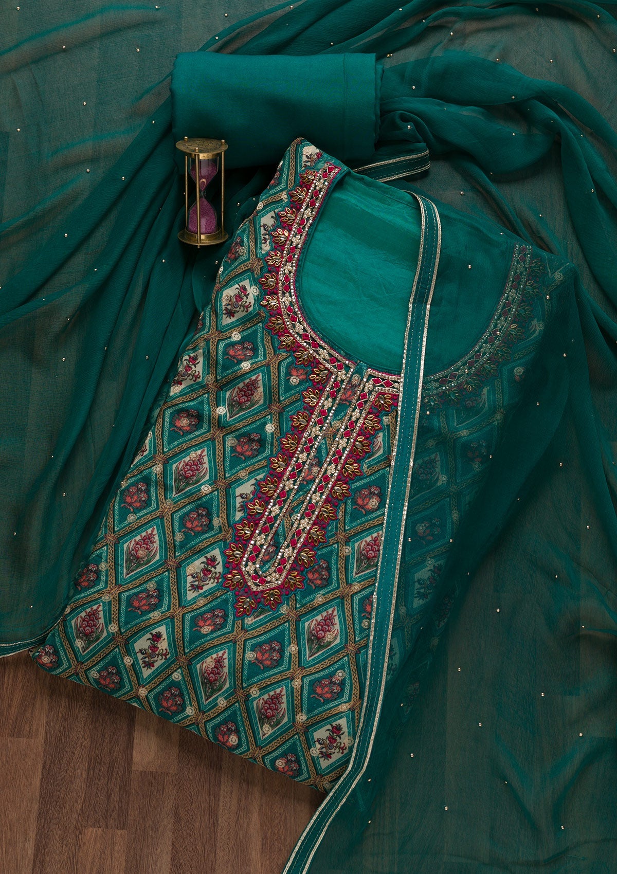 Rama Green Stonework Tissue Unstitched Salwar Suit-Koskii