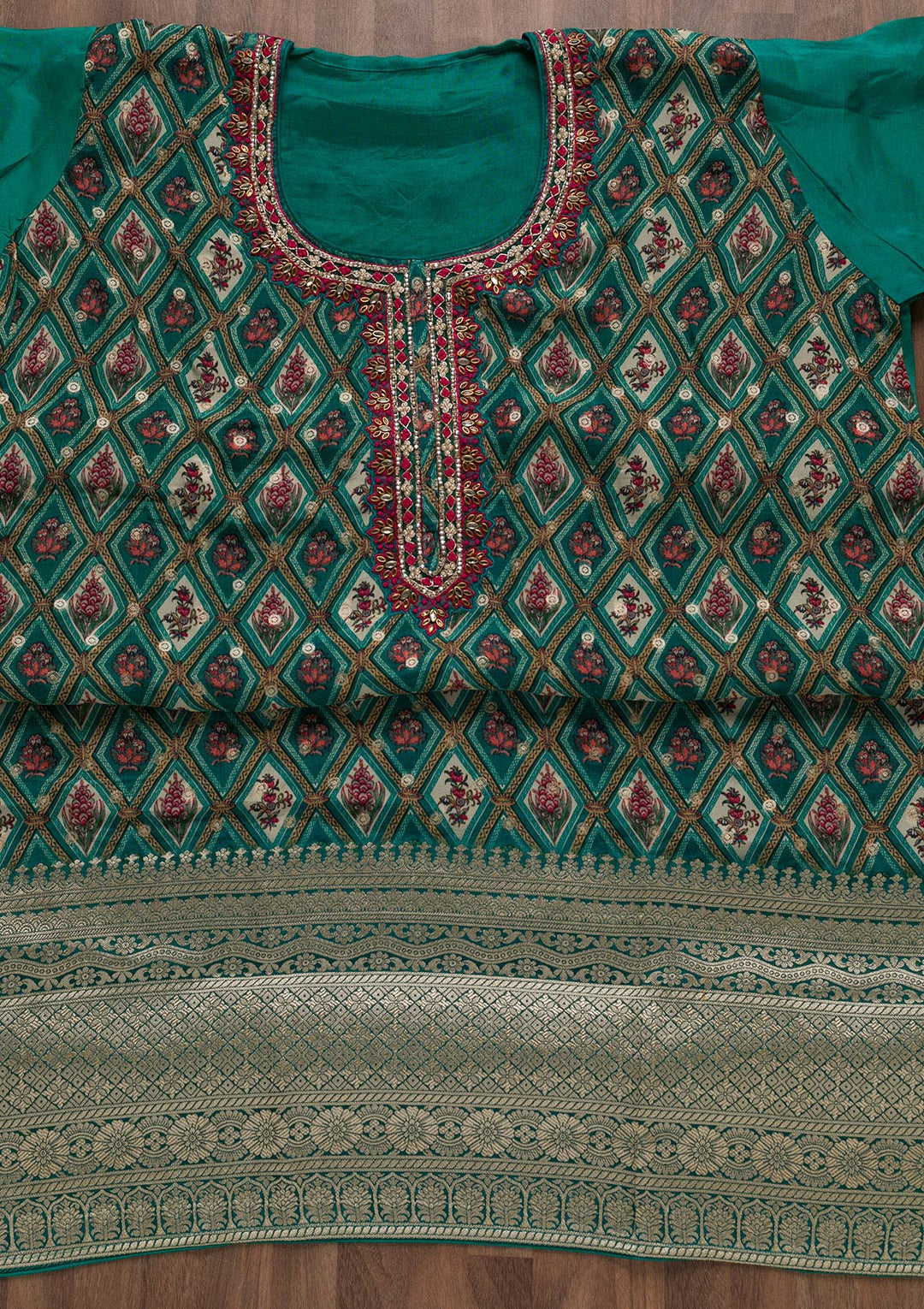 Rama Green Stonework Tissue Unstitched Salwar Suit-Koskii
