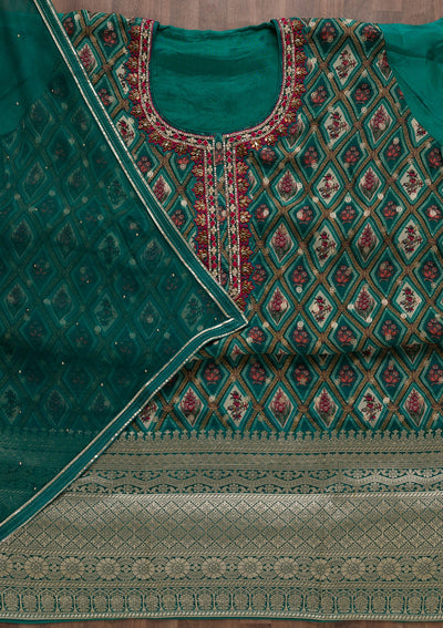 Rama Green Stonework Tissue Unstitched Salwar Suit-Koskii