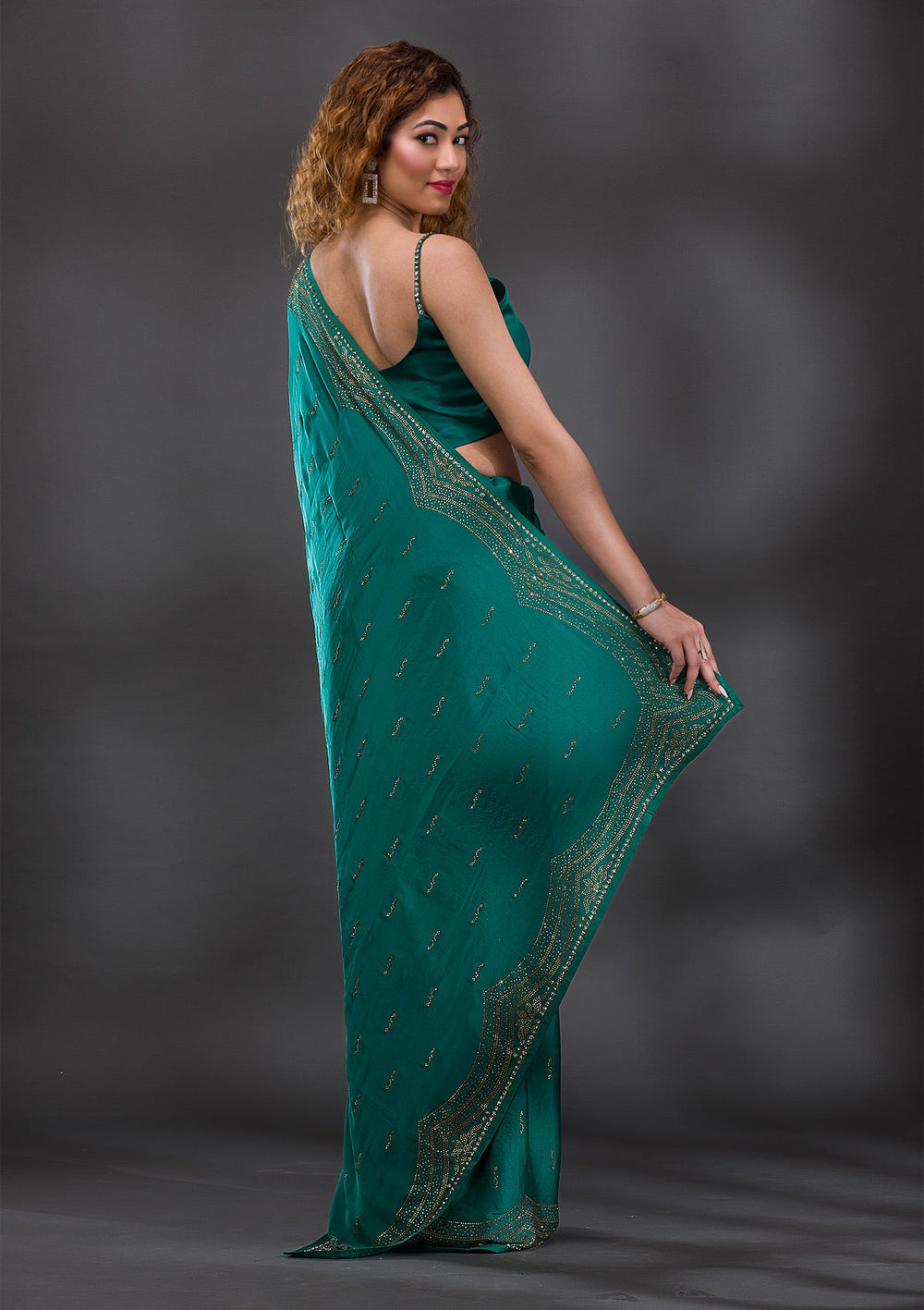Rama Green Swarovski Satin Saree-Koskii