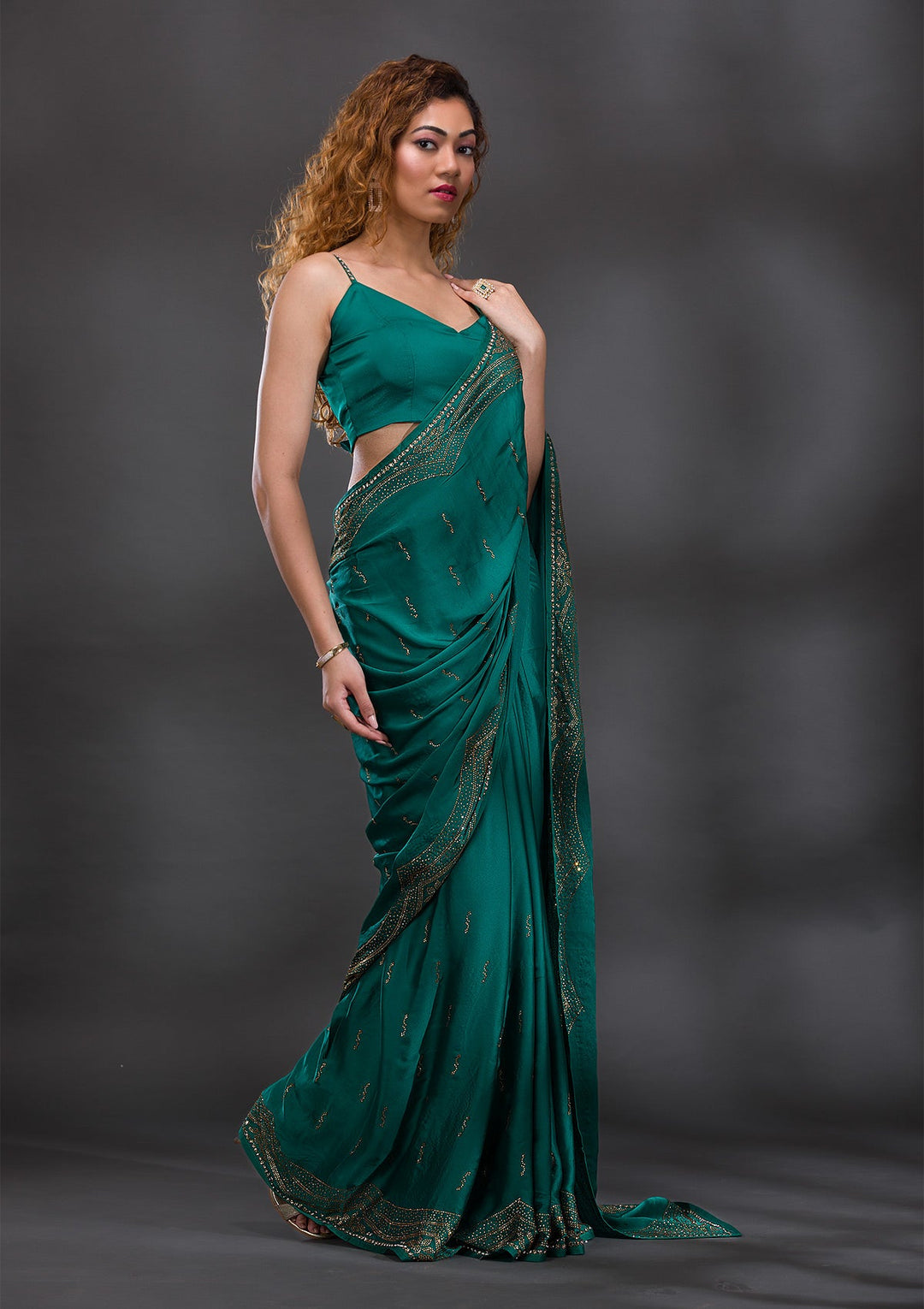 Rama Green Swarovski Satin Saree-Koskii